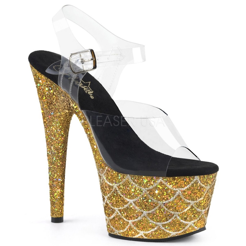 Pleaser Adore 708 MSLG Gold Glitter Platform Heels Clear Strap -Sz. 5